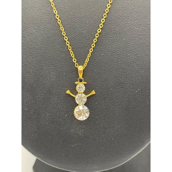 Snowman Gold Tone Clear Sparkling Rhinestones Necklace - Picture 2 of 8